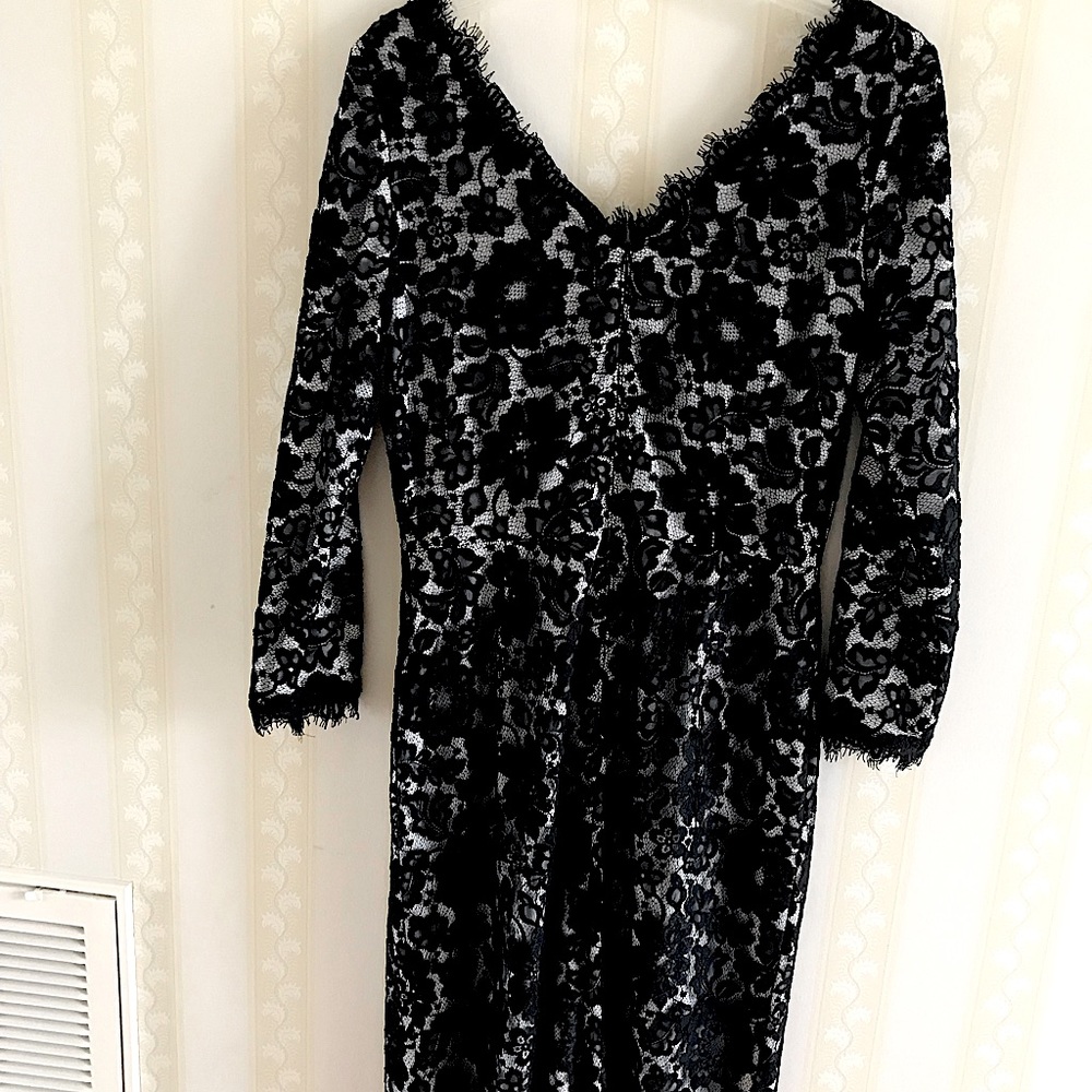 Tadashi collection/black lace dress with beautiful edging on sleeves and bodice.